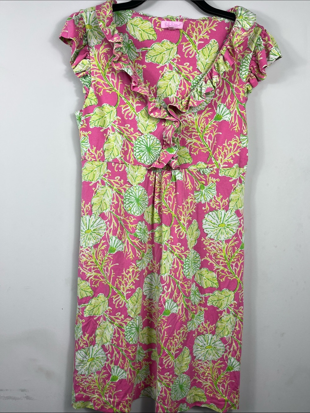 Lilly Pulitzer Pink Green Leaf Print Ruffle Neck Dress | Tropical Shift Dress L